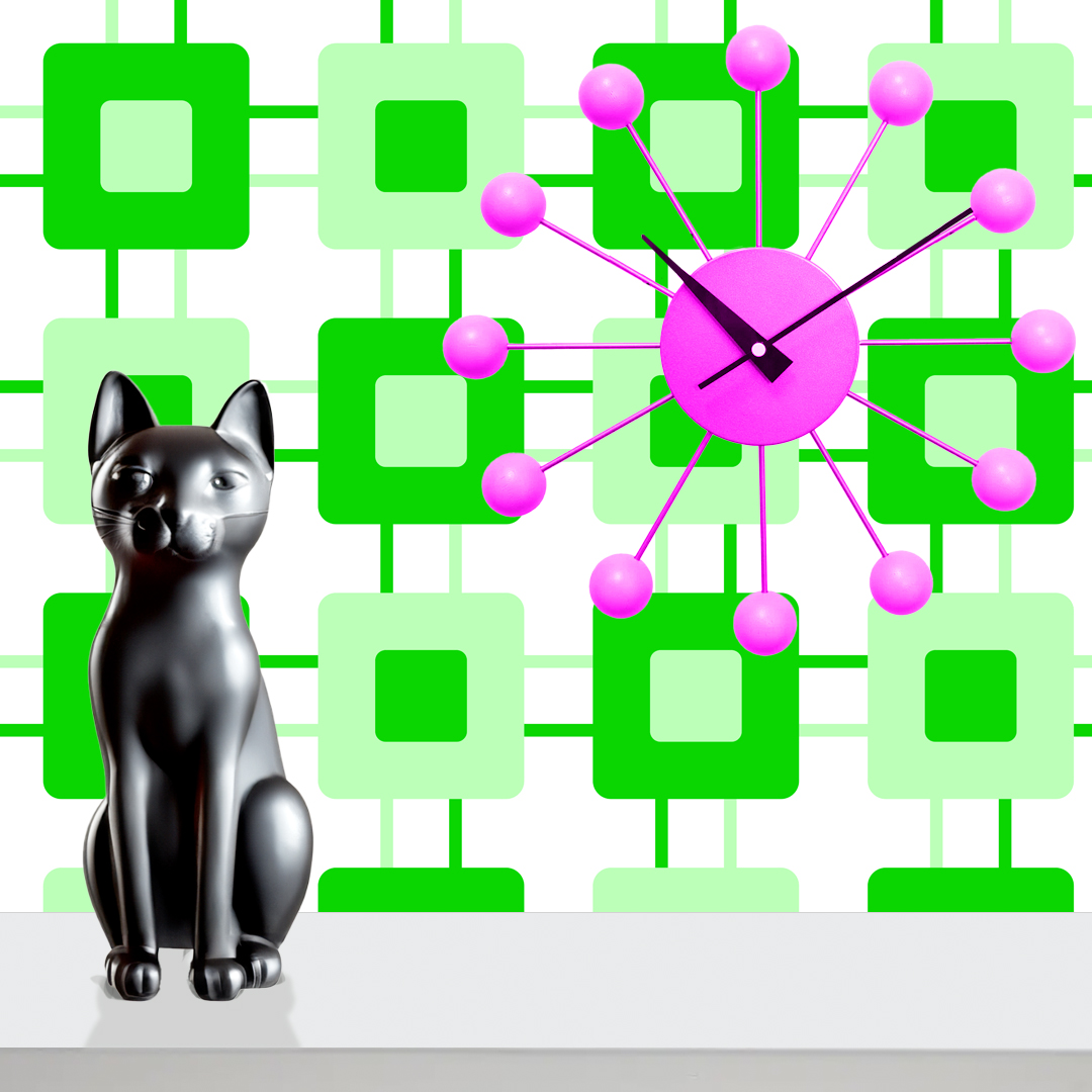 The artwork features a repeating geometric pattern of symmetrical shapes resembling elongated, curved diamonds or petals in various shades of blue and green. Each shape is split vertically with one half filled with a light blue and the other half filled with green or darker blue. The background is a light, almost pastel blue, which provides a soft yet vibrant backdrop. One of the blue shapes near the upper left contains a white starburst element, adding a focal point of brightness to the composition. The overall design conveys a modern, mid-century aesthetic with clean lines and harmonious color contrasts.